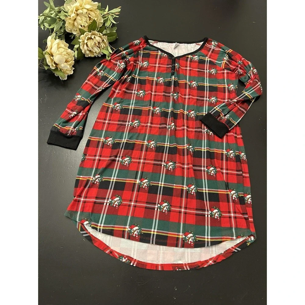 Bucees Red Black Christmas Plaid Night Gown Women's Sz M